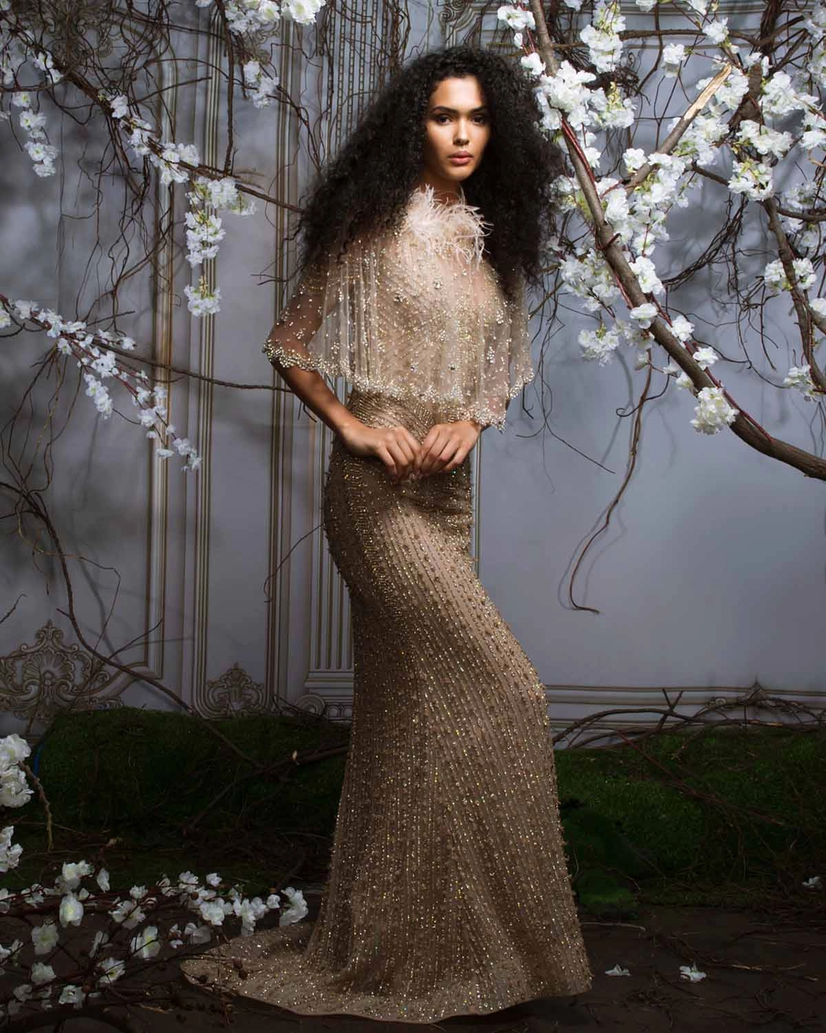 Hand Embroidered Gown With Feather