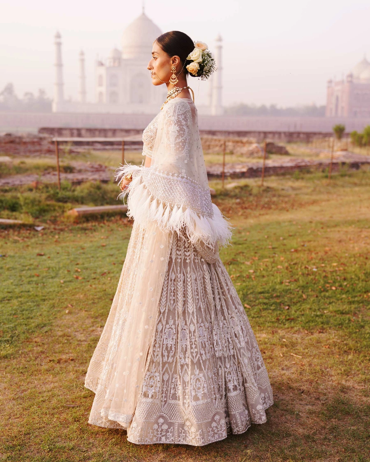 Tatiana Light Beige-based, Ivory Lehenga Set With Intricate Ivory Threadwork