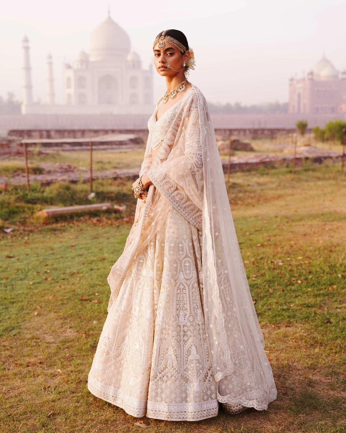 Tara Light Beige-based, Ivory Lehenga Set With Foliage Motifs