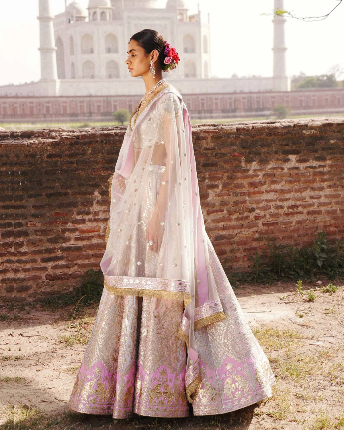 Ruth Light Pink-based, Light Gold Chrome Applique Lehenga Set