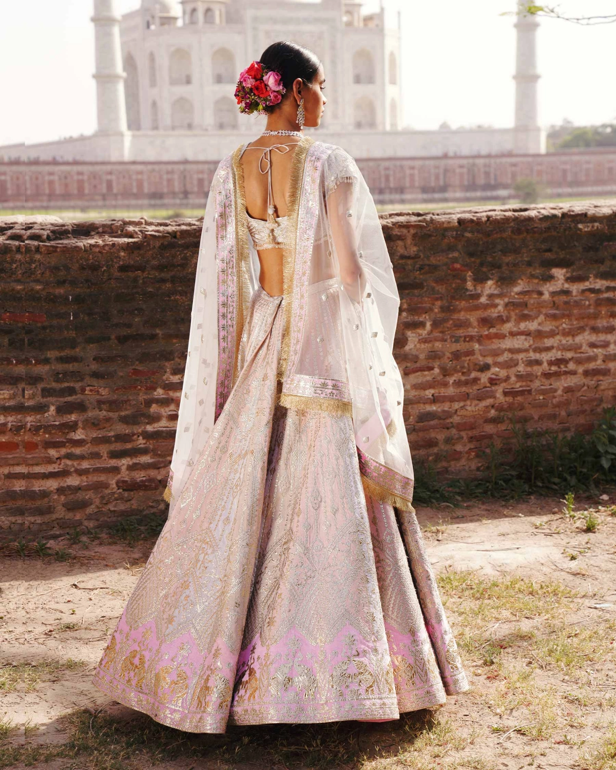 Ruth Light Pink-based, Light Gold Chrome Applique Lehenga Set
