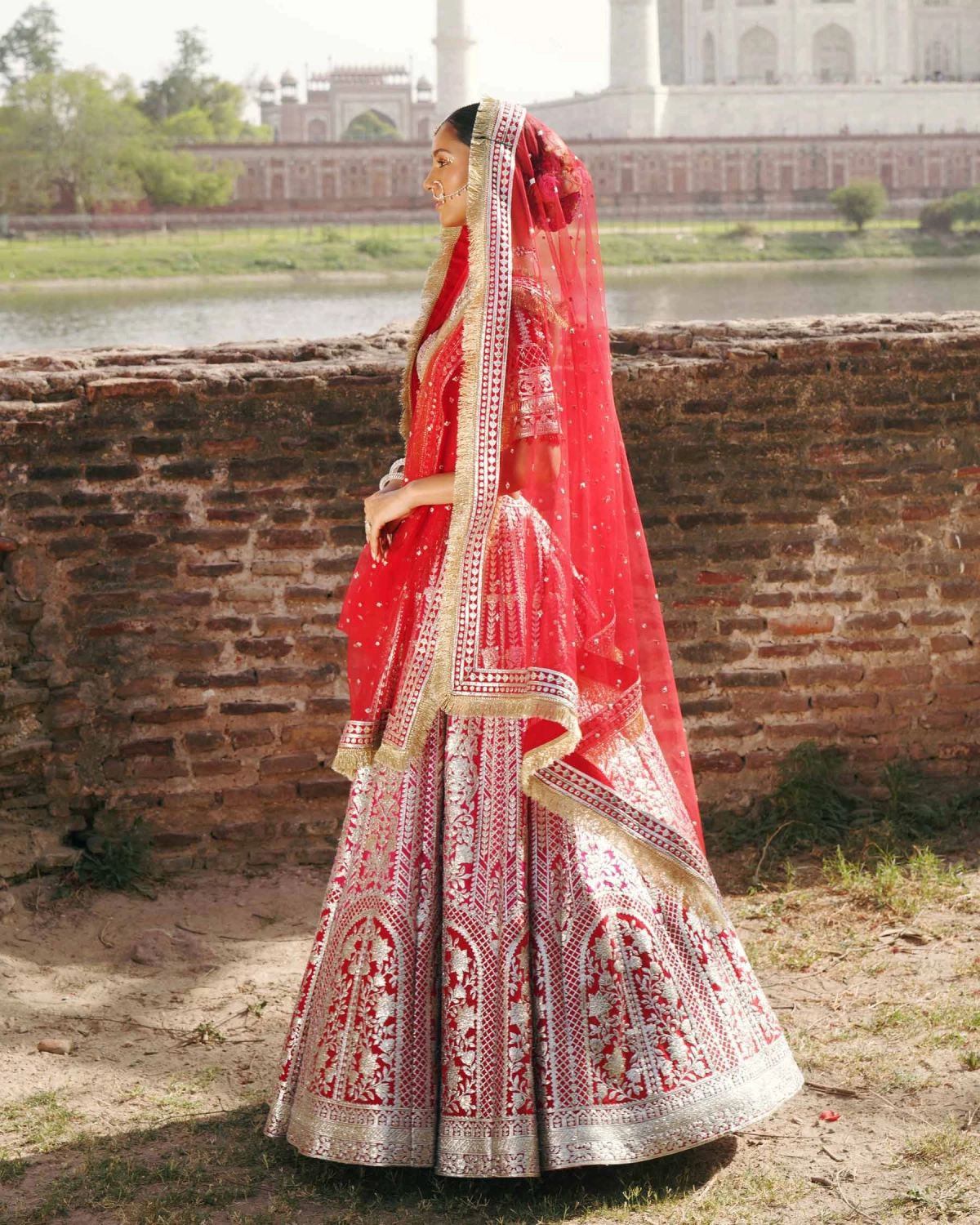 Rivka Ruby Red, Light Gold Chrome Applique Lehenga Set