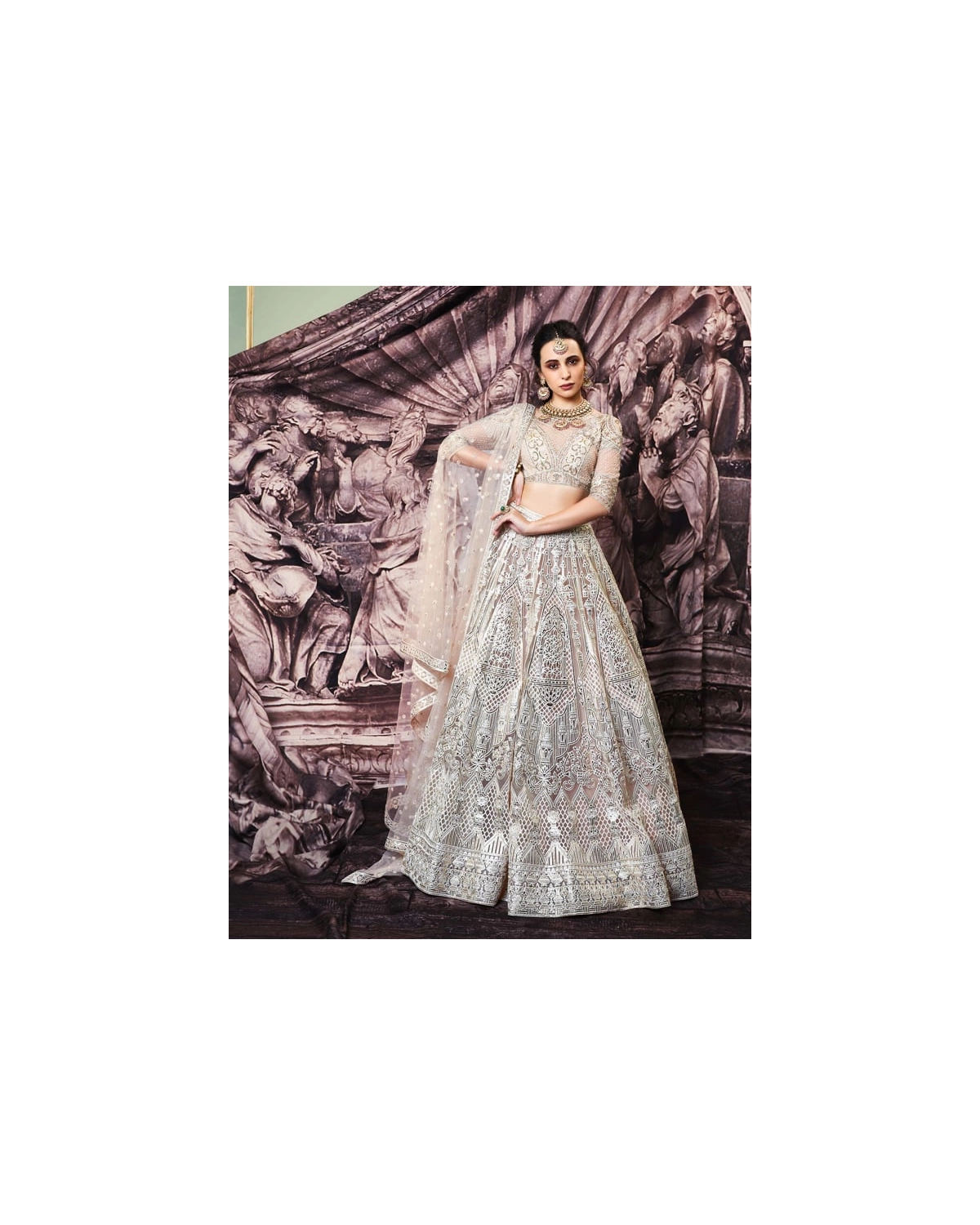 Melanie Beige, Tulle Lehenga Set With Golden Foil