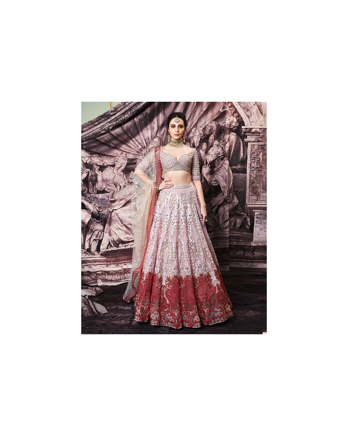 Lisa Beige Tulle And Golden Foil Work Lehenga Set