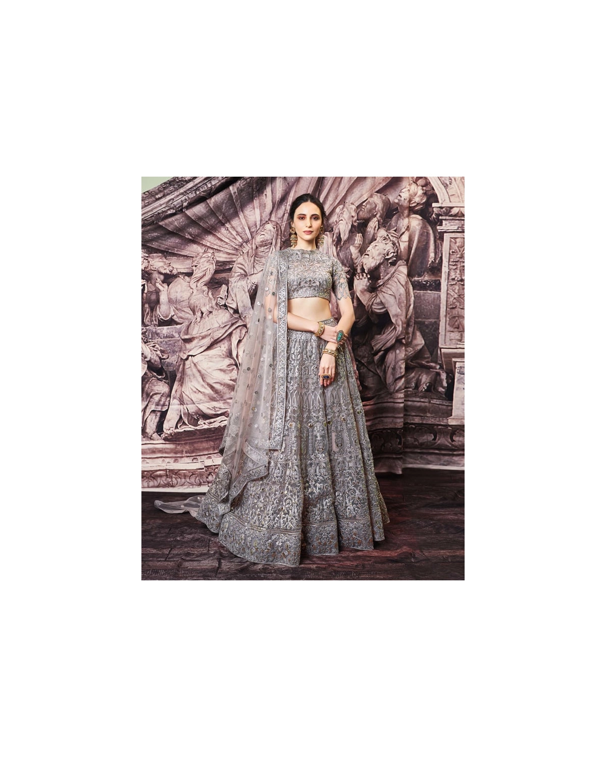 Kelsey Greyish-brown, Golden Foil Lehenga Set