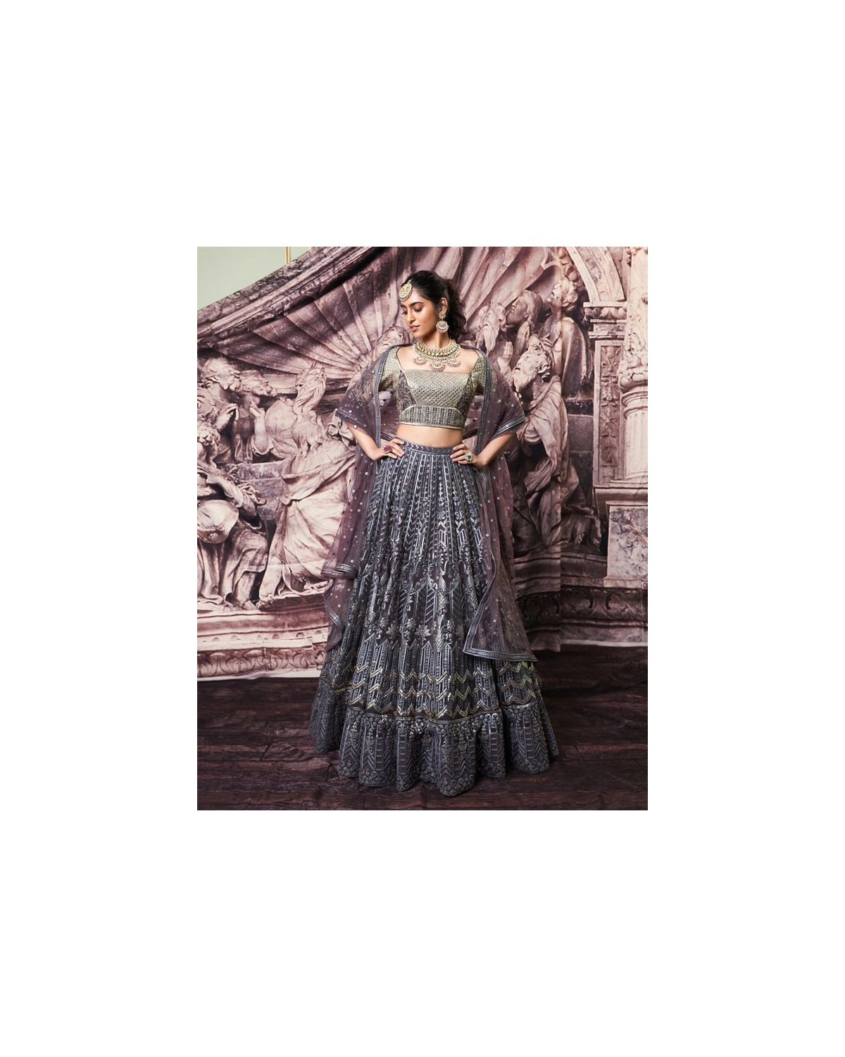 Skye Dark Mauve, Golden Foil Lehenga Set
