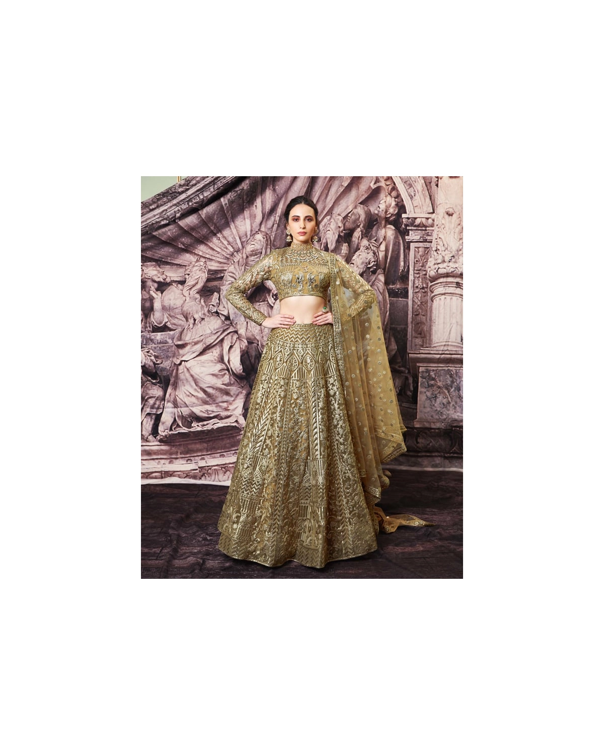 Regina Olive Green, Golden Foil Lehenga Set