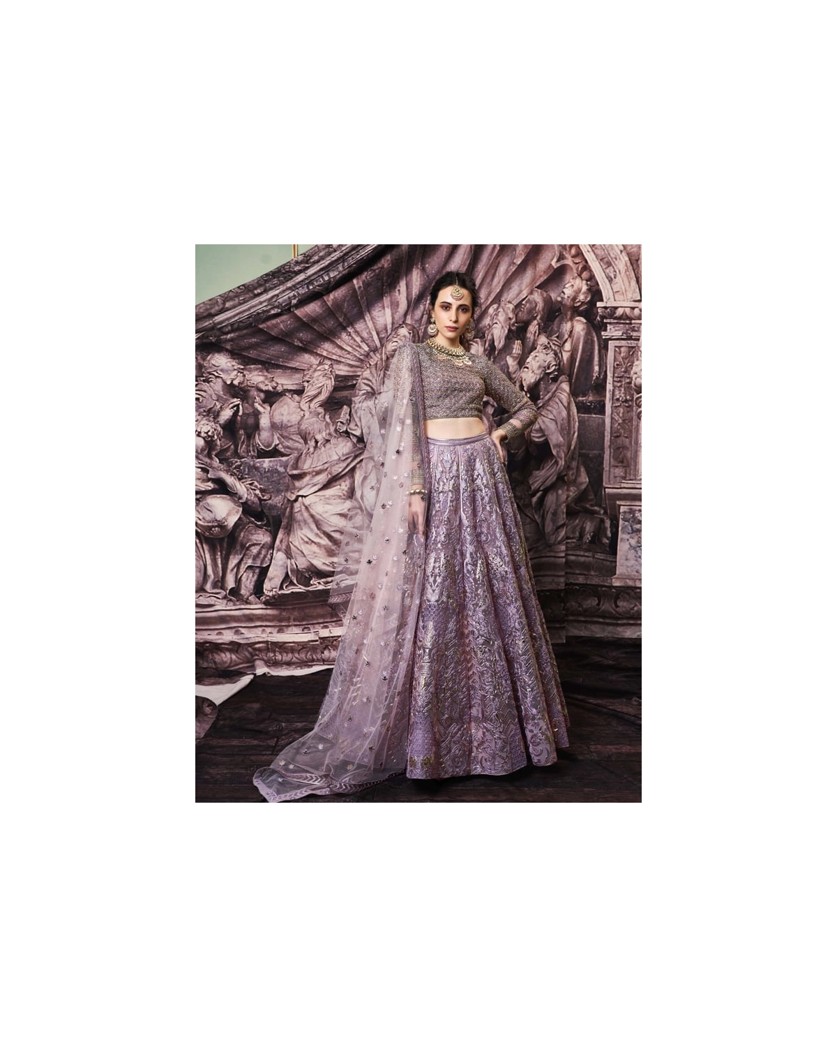 Carmen Golden Foil Lehenga Set With Dusty Pink
