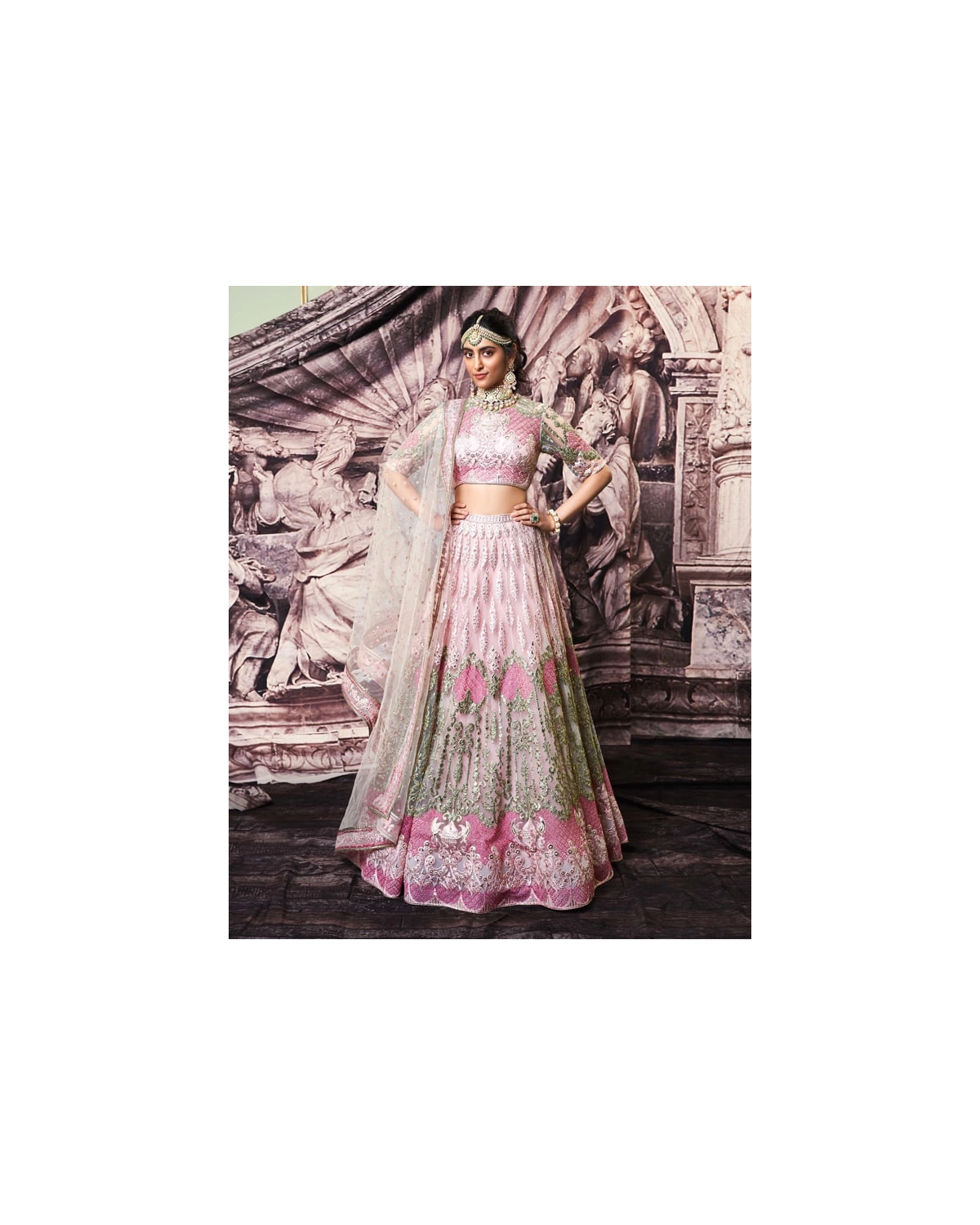 Sabrina Golden Foil Lehenga Set With Green And Pink Silk