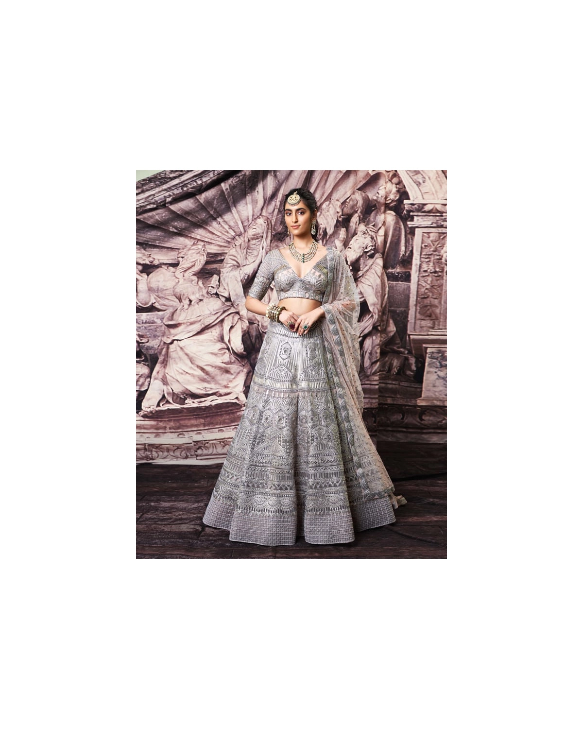 Erin Grey Tulle Lehenga Set With Golden Foil Work