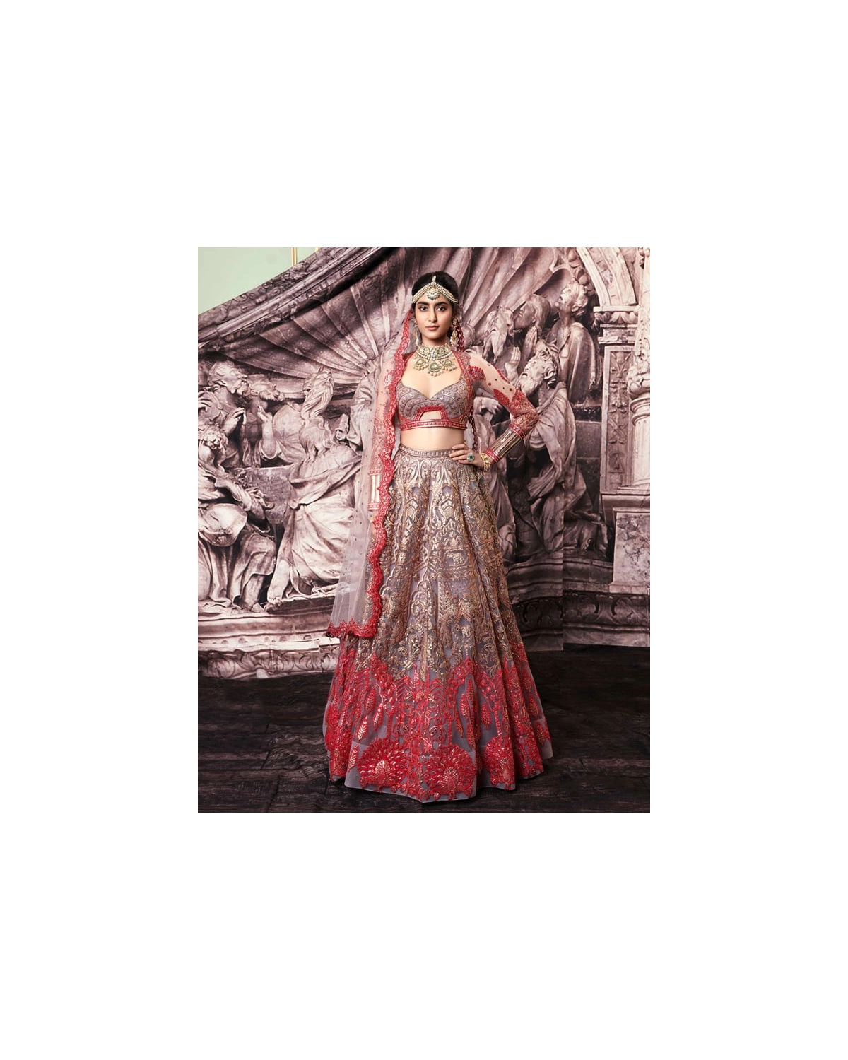 Annie Golden Foil Lehenga Set With Brown And Red