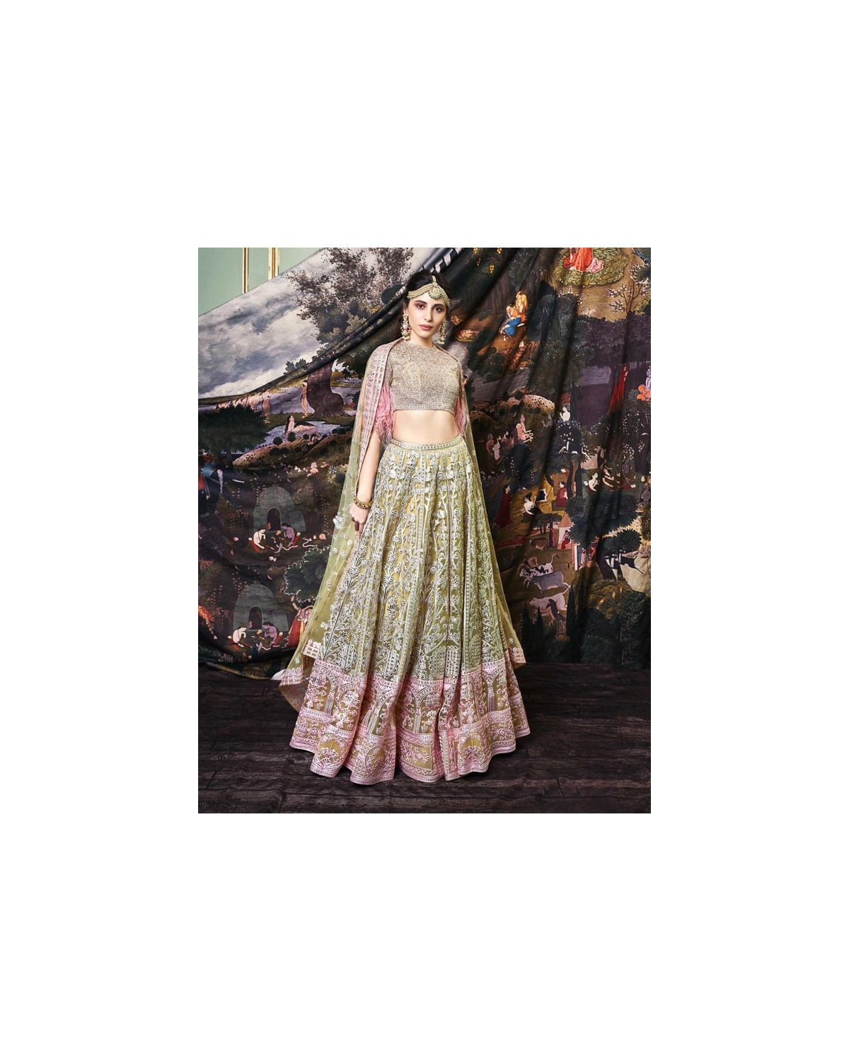 Gia Olive Green, Tulle Lehenga Set With Silk Threads