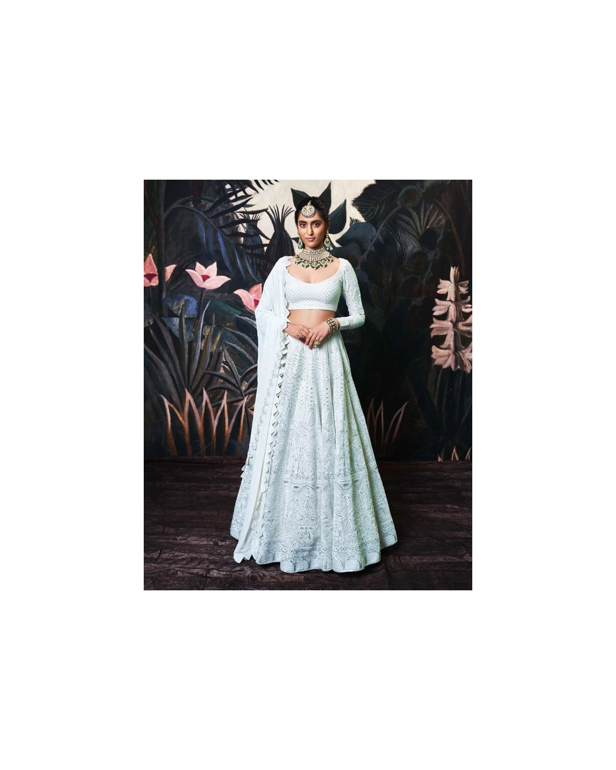 Allie Ivory Georgette Lehenga Set With Silver Foil Work