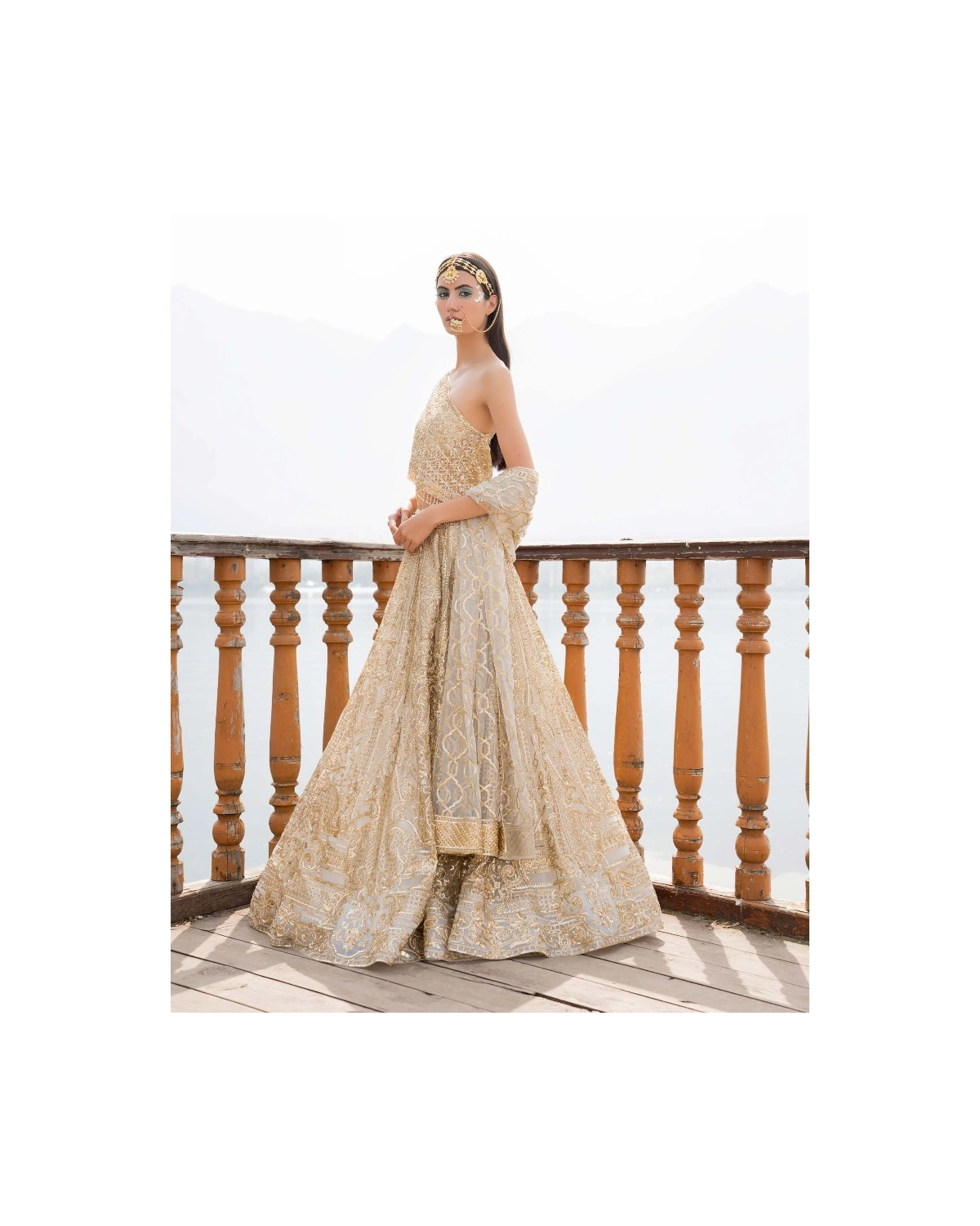 Amia Light Sage Green Lehenga Set With Golden Chrome Applique