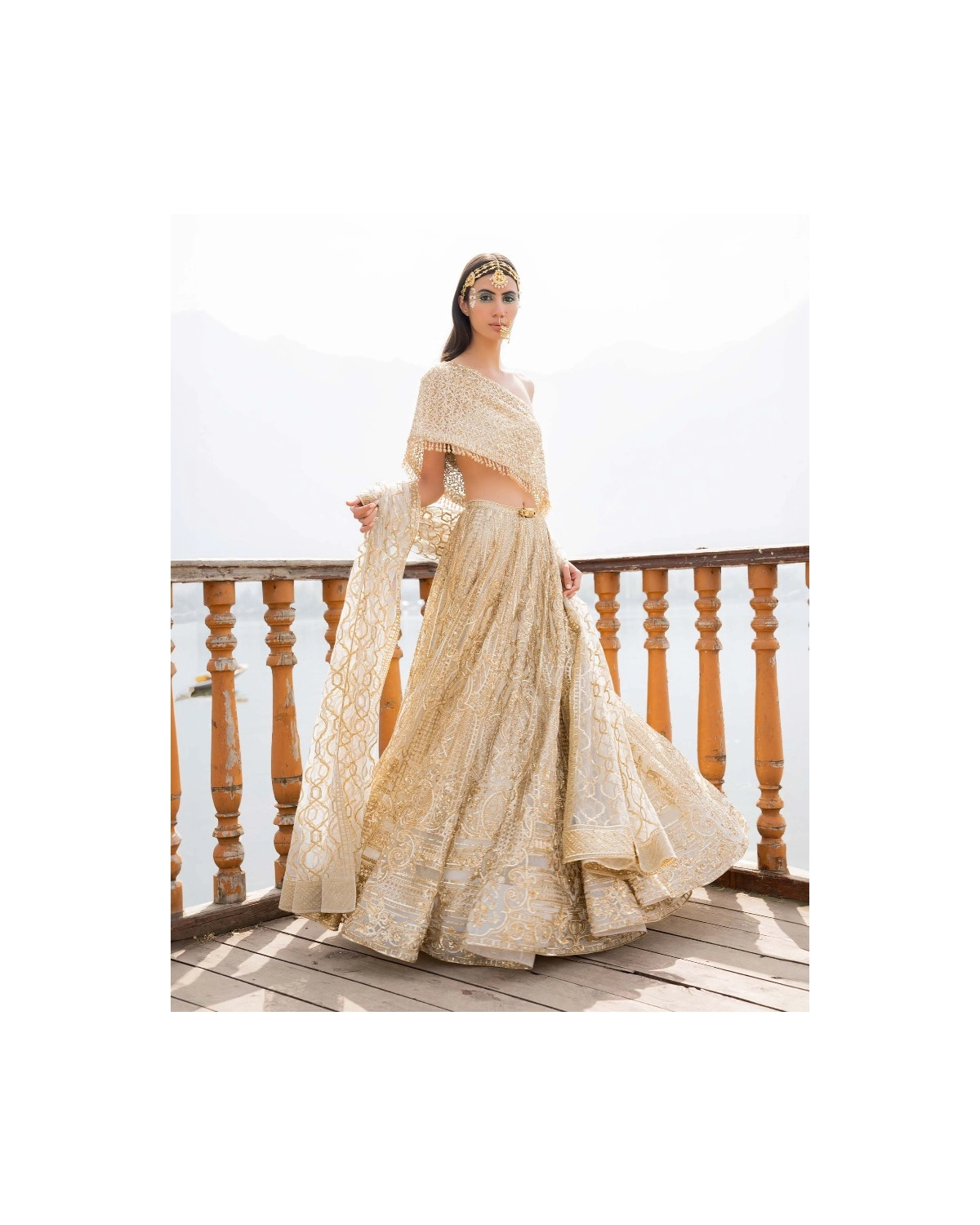 Amia Light Sage Green Lehenga Set With Golden Chrome Applique