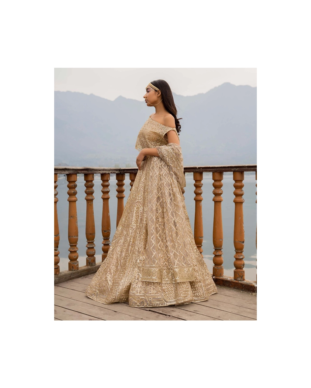 Alissa Beige Lehenga Set With Golden Chrome Applique