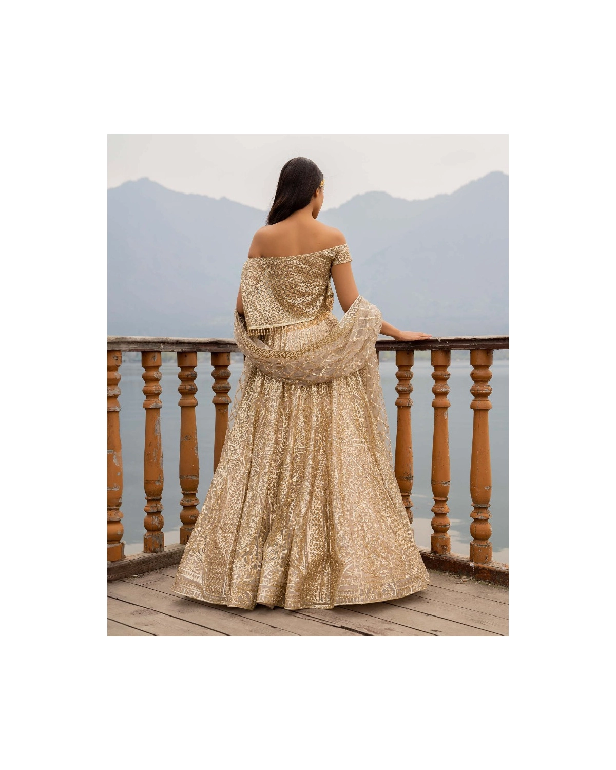 Alissa Beige Lehenga Set With Golden Chrome Applique