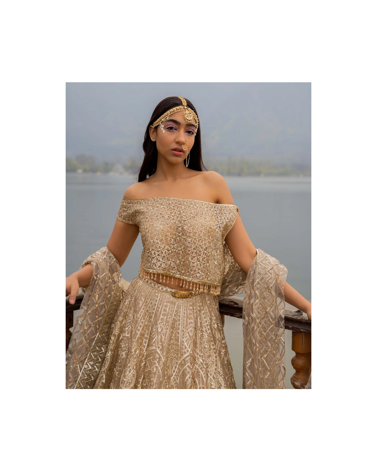 Alissa Beige Lehenga Set With Golden Chrome Applique