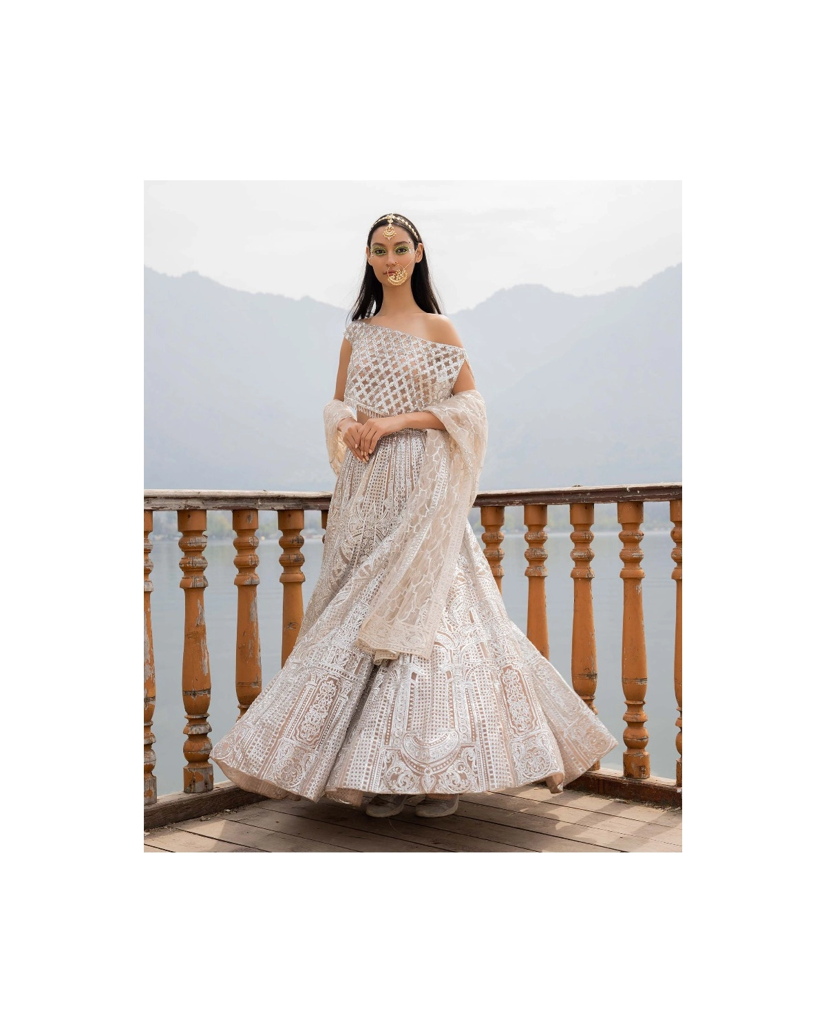 Alison Light Beige Lehenga Set With Crystal Embellishments