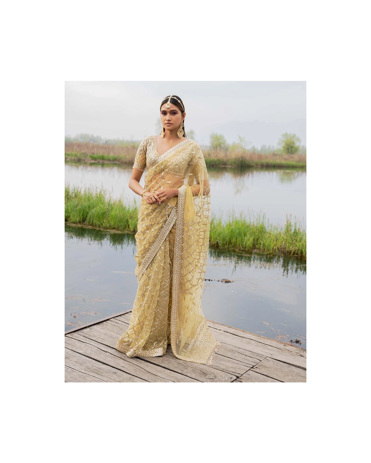 Colette Sunshine Yellow Printed Chrome Appliqué Saree with Crystal & Sequin Work