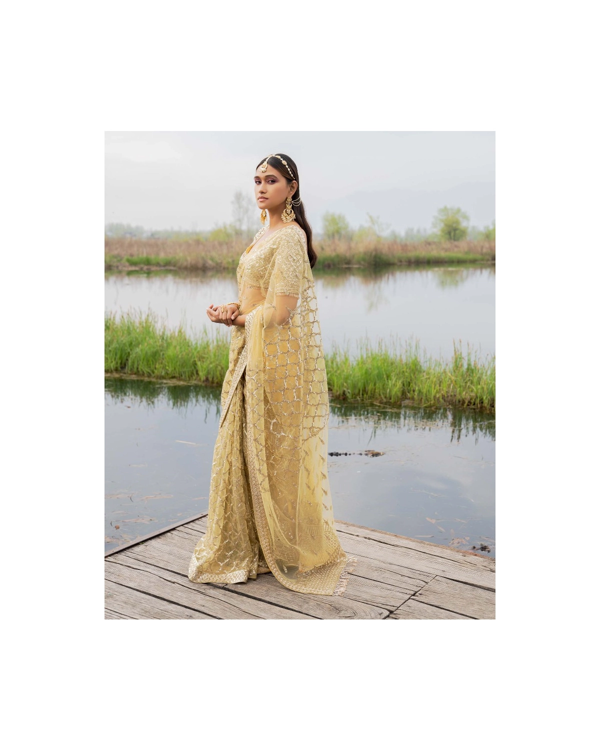 Colette Sunshine Yellow Printed Chrome Appliqué Saree with Crystal & Sequin Work