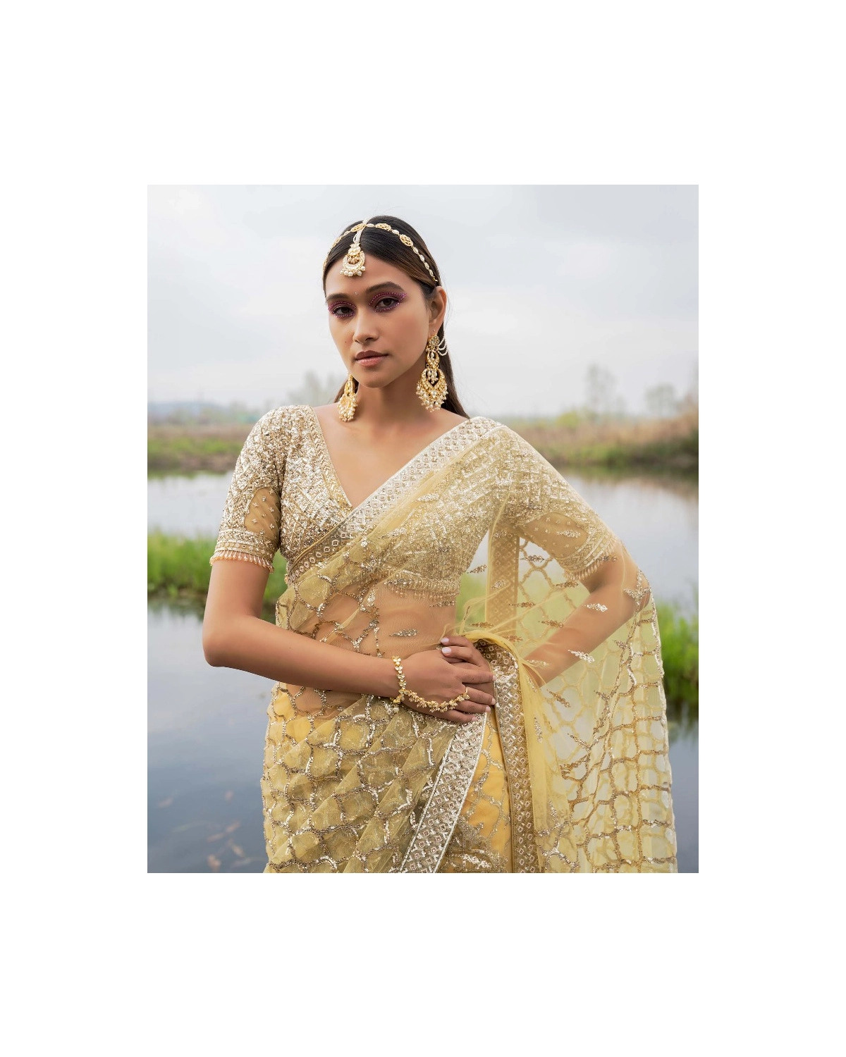 Colette Sunshine Yellow Printed Chrome Appliqué Saree with Crystal & Sequin Work