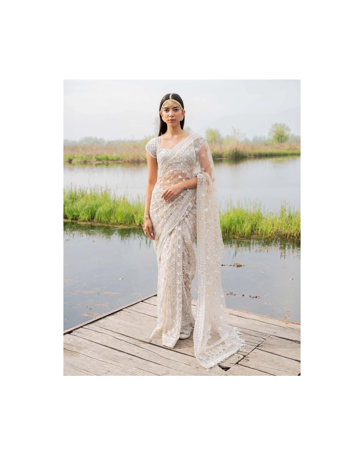 Clementine Beige Silver Saree with Crystal Sequin Work Embellished