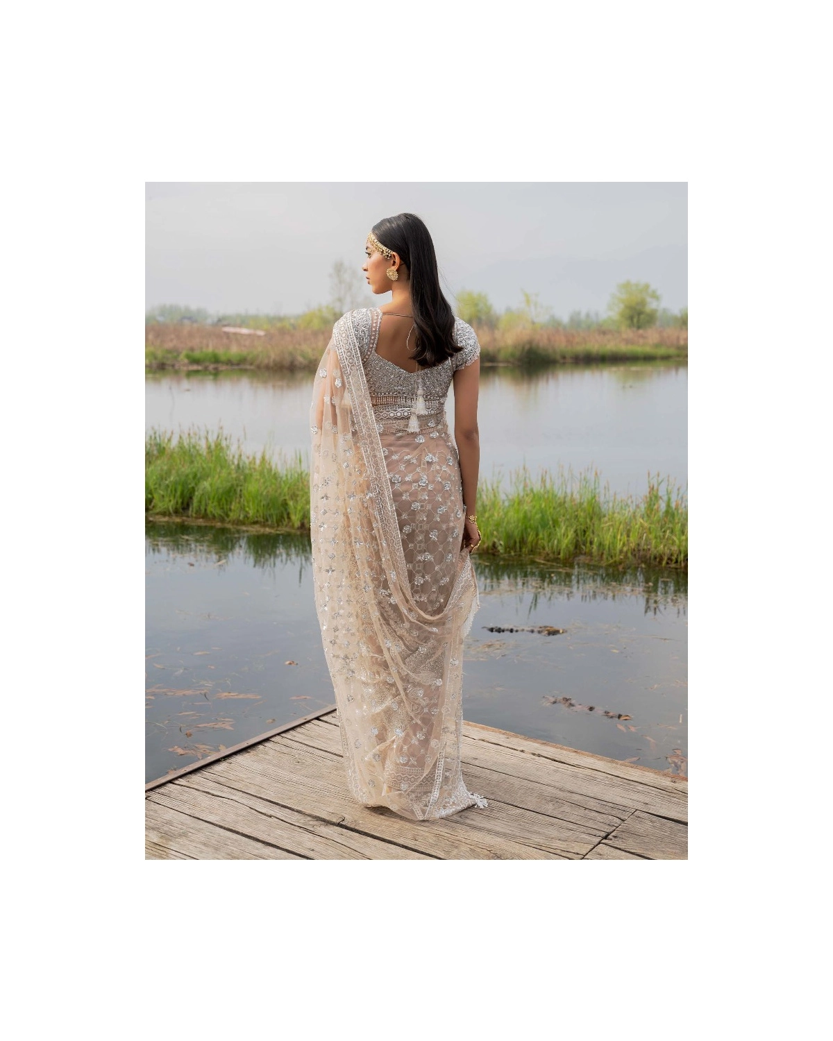 Clementine Beige Silver Saree with Crystal Sequin Work Embellished