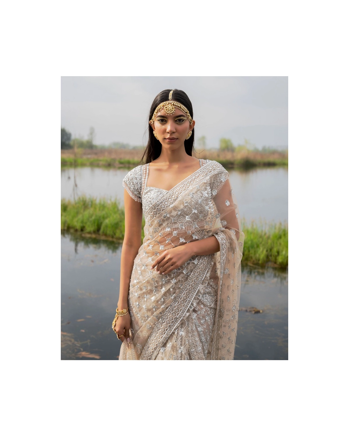 Clementine Beige Silver Saree with Crystal Sequin Work Embellished