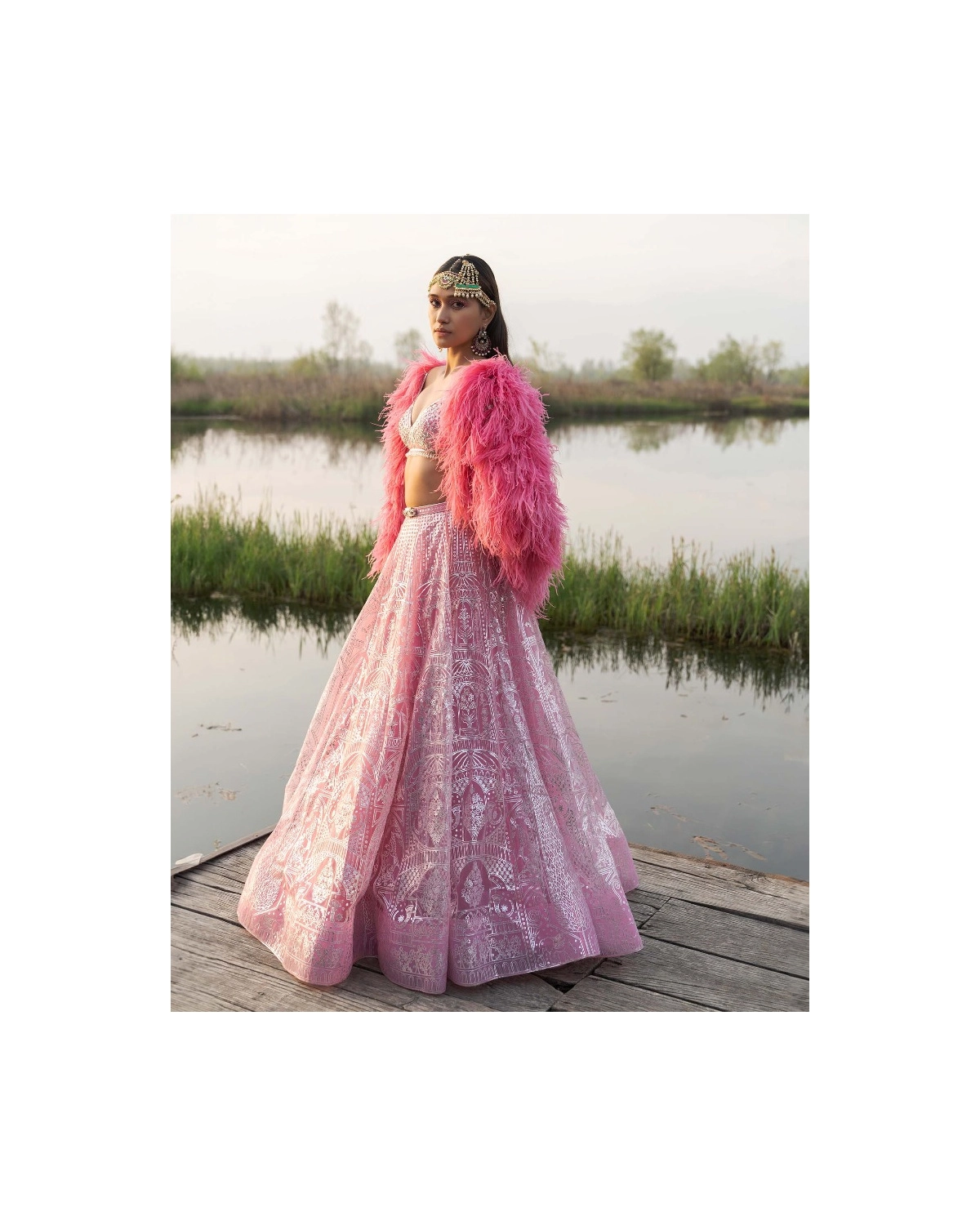 Aileen Pink Carnation Lehenga Set With Feathered Shrug