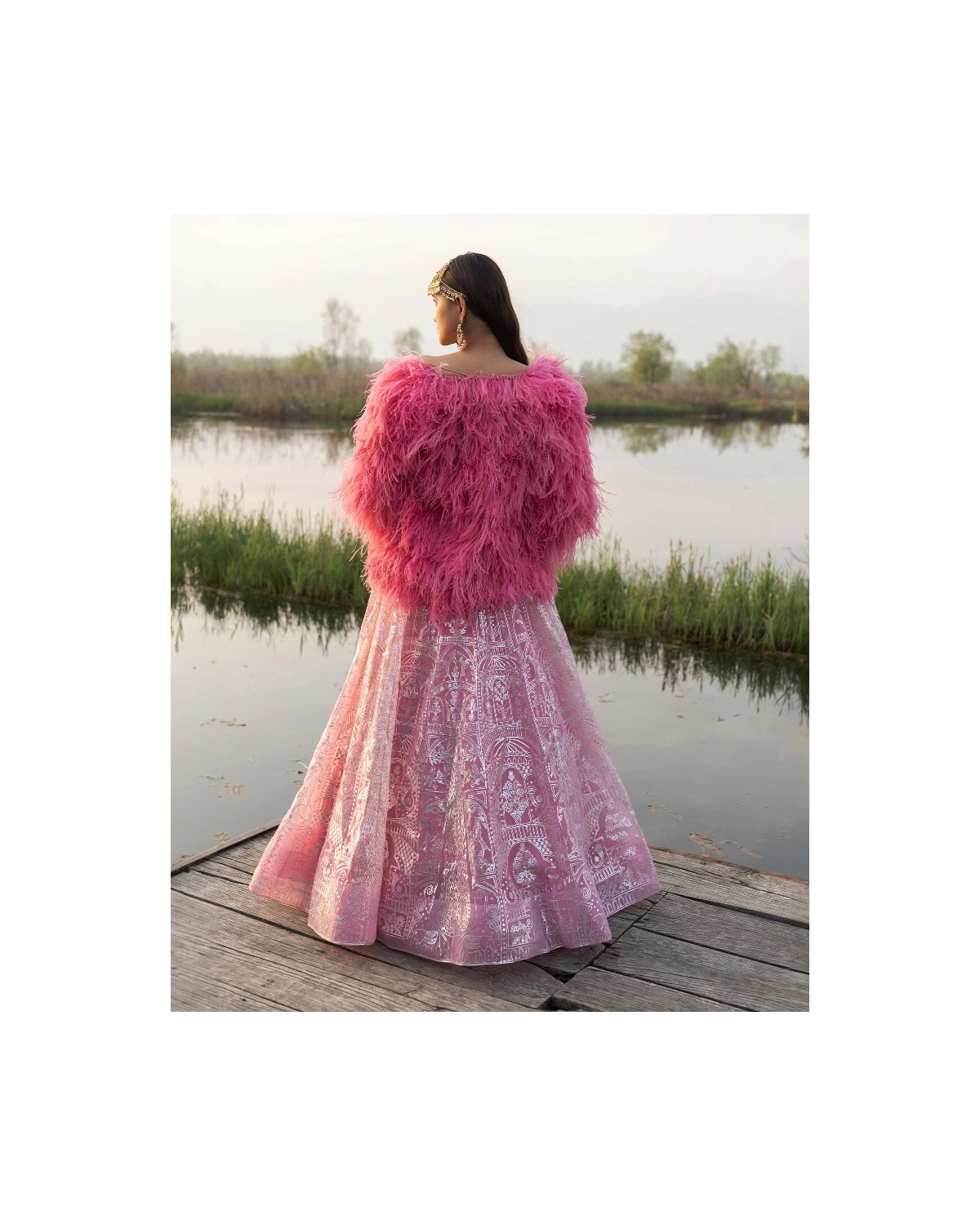 Aileen Pink Carnation Lehenga Set With Feathered Shrug