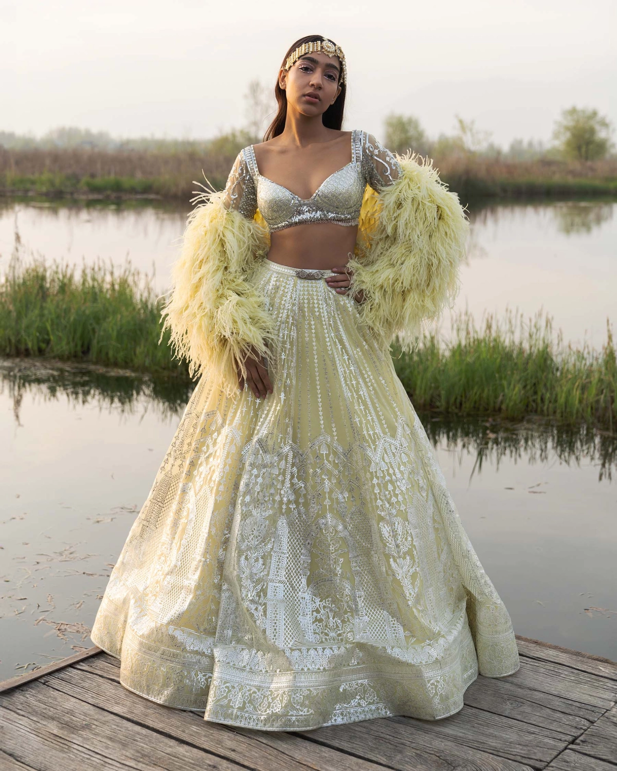 Adelaide Yellow Iris Lehenga Set With Half-sleeved Embroidered
