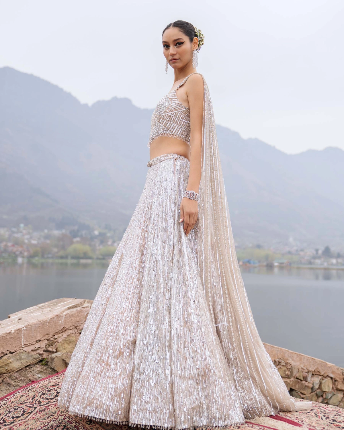 Edith Silver Lehenga Set With Sequins And Swarovski Stones