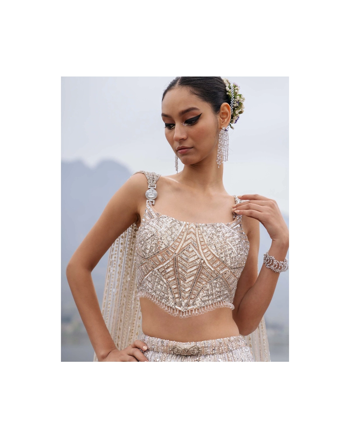 Edith Silver Lehenga Set With Sequins And Swarovski Stones