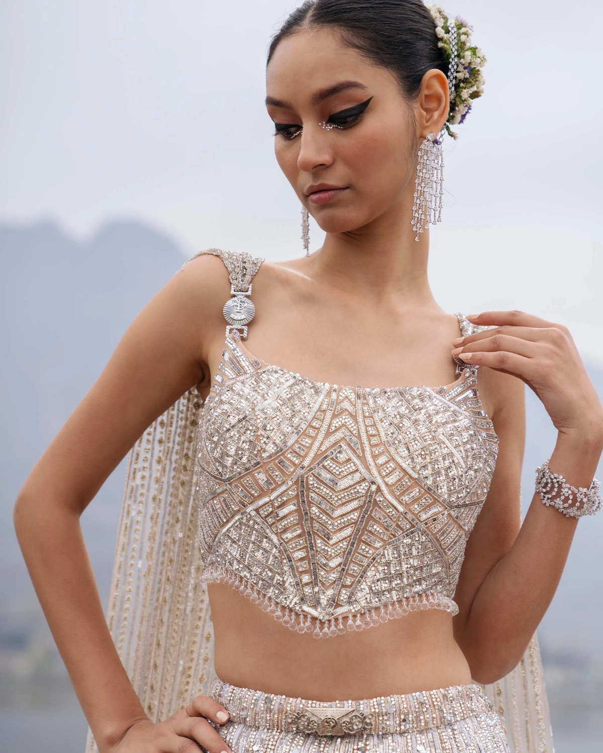 Edith Silver Lehenga Set With Sequins And Swarovski Stones