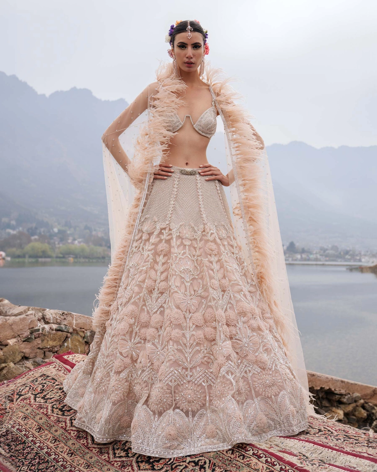 Dayana Light Peach Lehenga Set With Floral Motifs