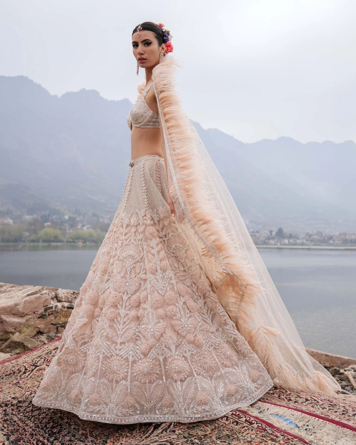 Dayana Light Peach Lehenga Set With Floral Motifs