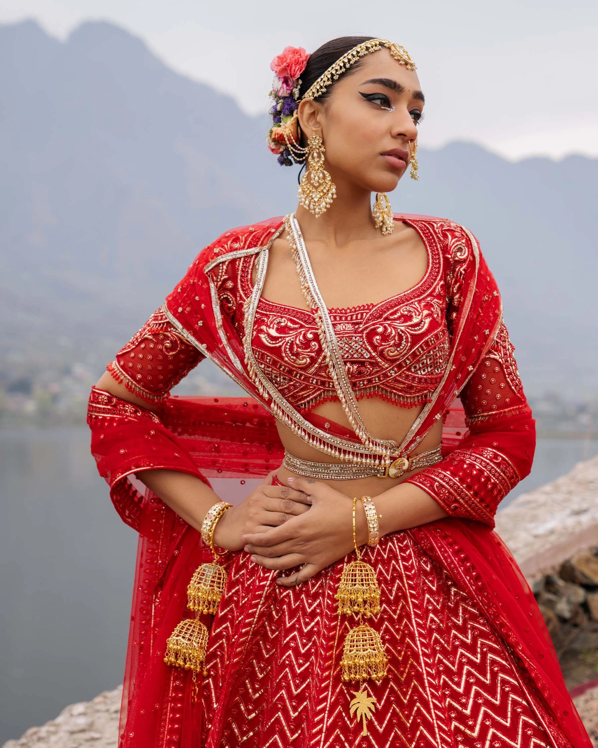 Emerie Faded Peach-based, Silver Lehenga Set With Intricate Threadwork