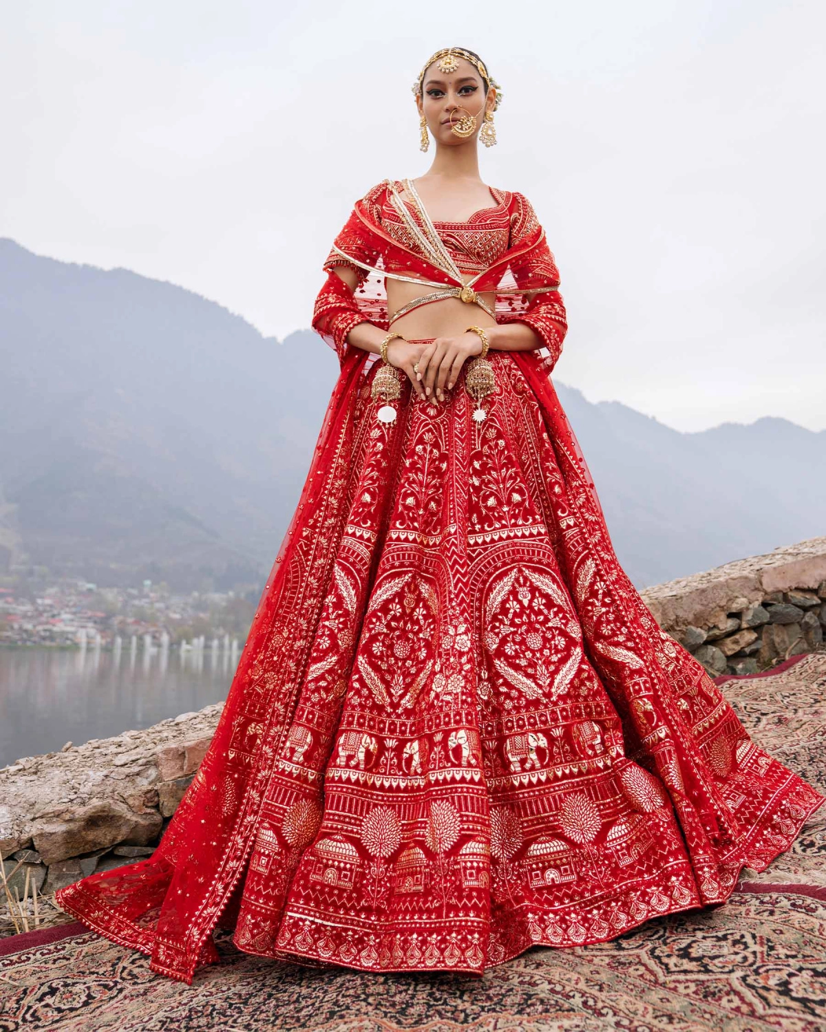 Elliana Red Lehenga Set Featuring Architectural And Floral Motifs
