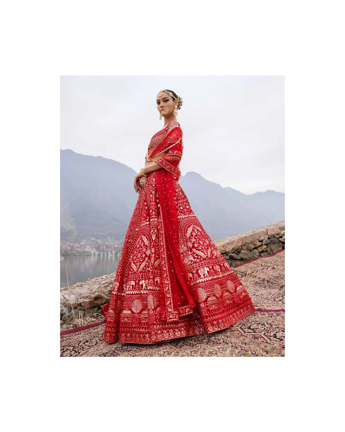 Elliana Red Lehenga Set Featuring Architectural And Floral Motifs