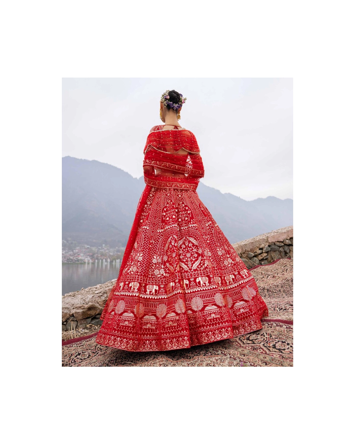 Elliana Red Lehenga Set Featuring Architectural And Floral Motifs