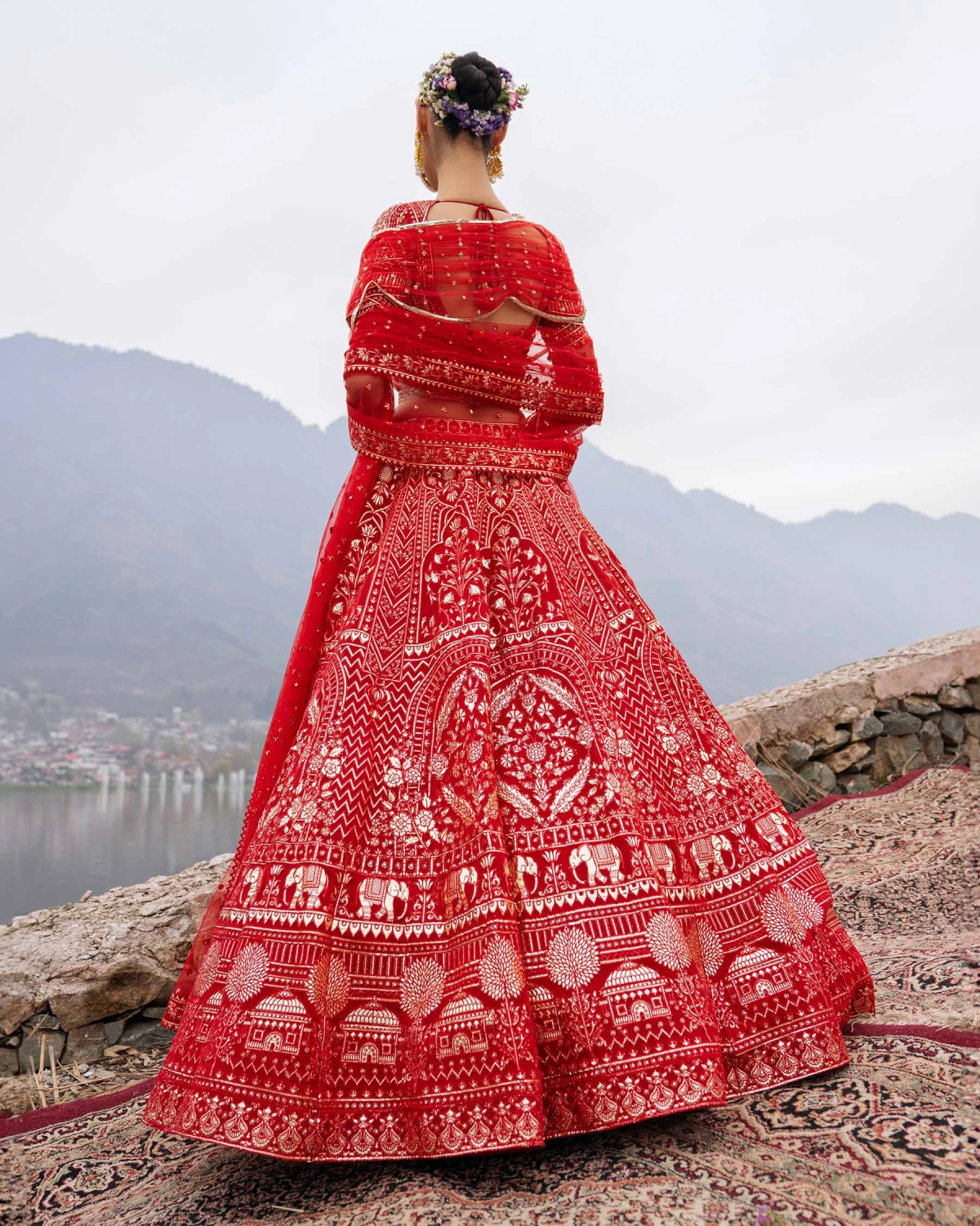 Elliana Red Lehenga Set Featuring Architectural And Floral Motifs