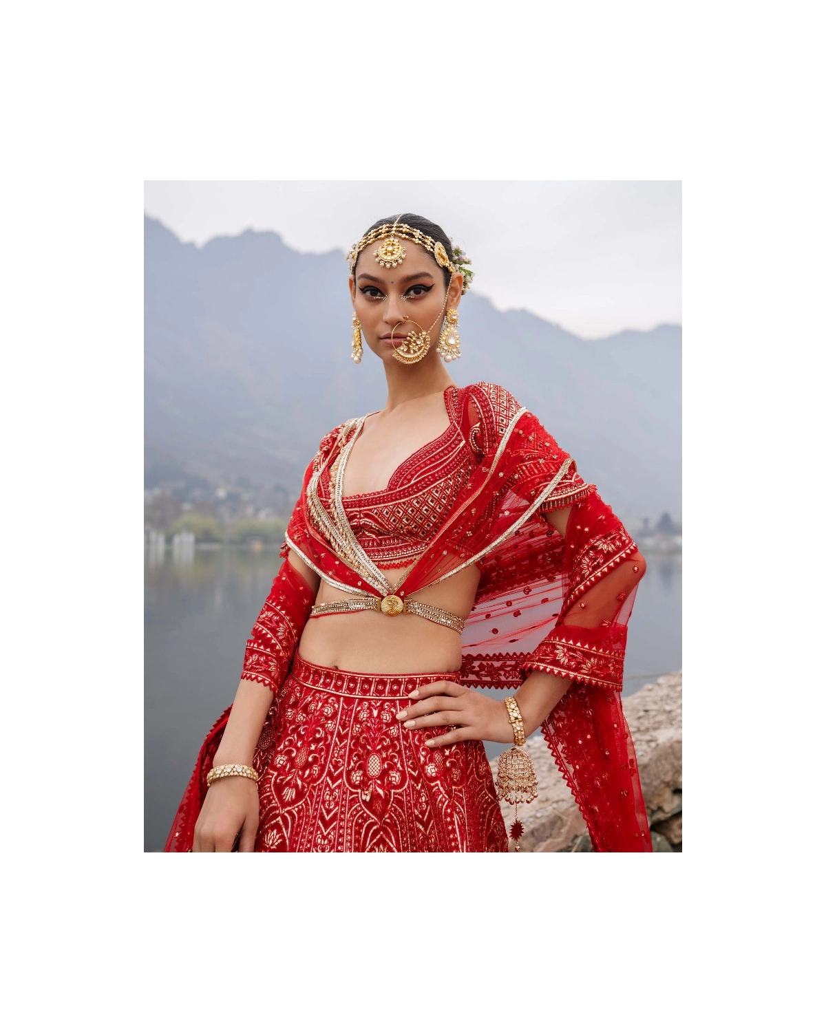 Elliana Red Lehenga Set Featuring Architectural And Floral Motifs
