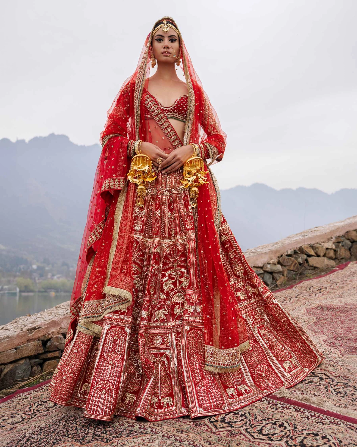 Elin Red Lehenga Set With Golden Chrome Applique