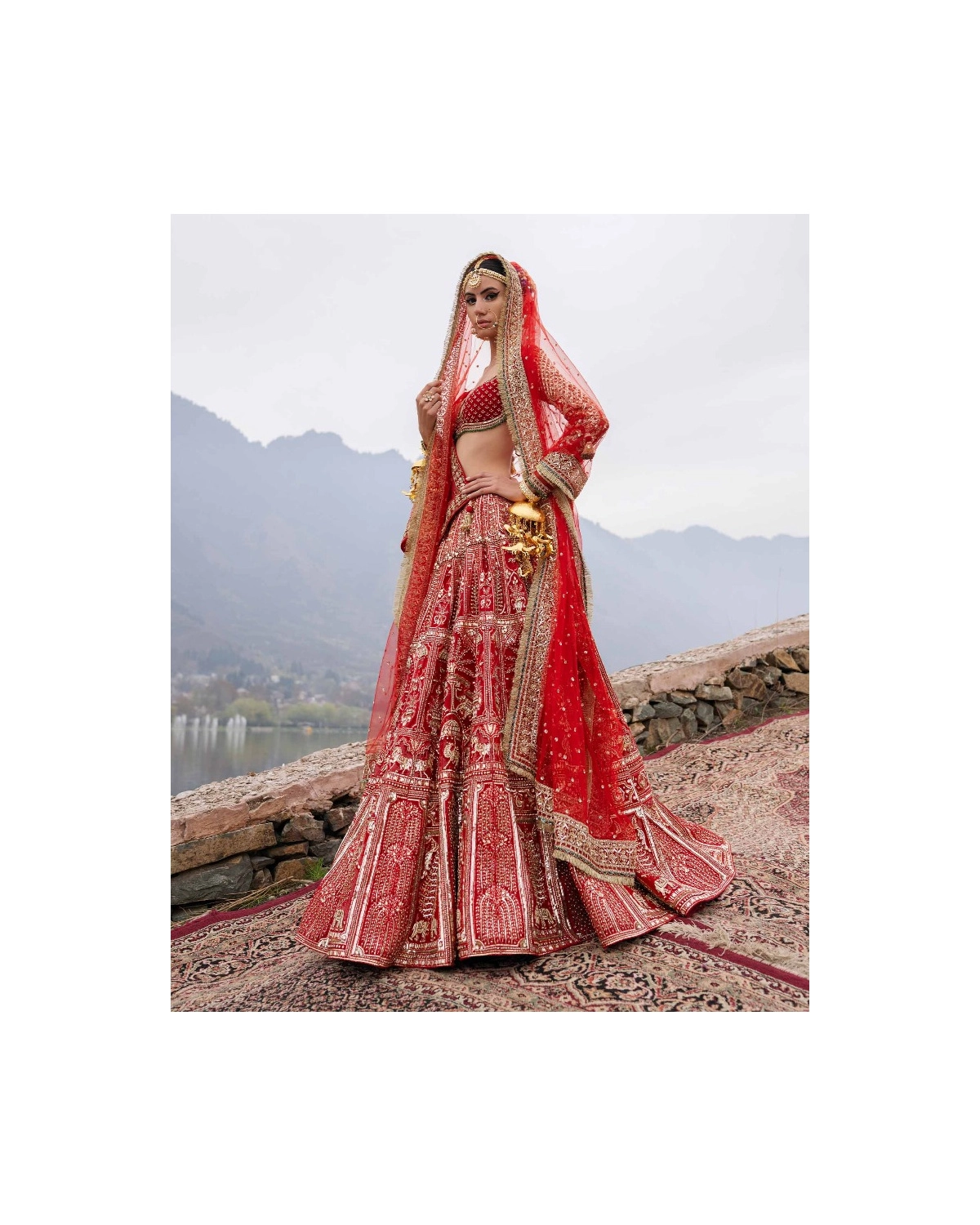 Elin Red Lehenga Set With Golden Chrome Applique
