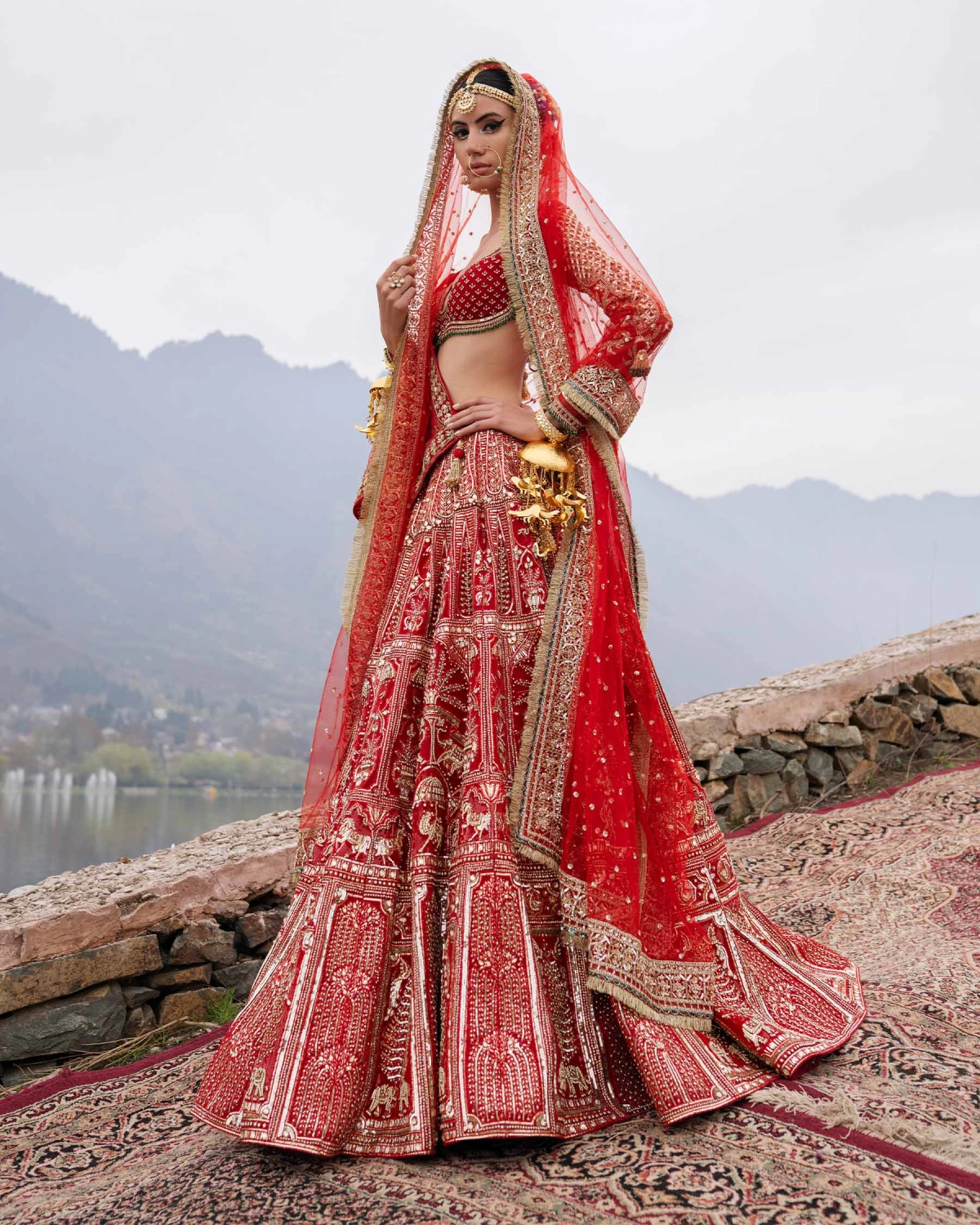 Elin Red Lehenga Set With Golden Chrome Applique