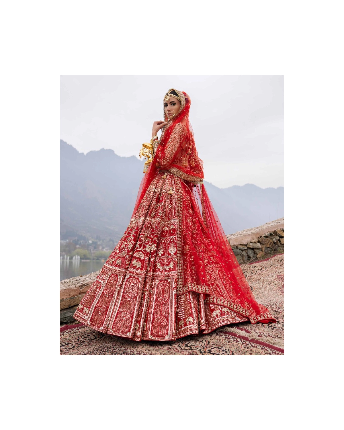 Elin Red Lehenga Set With Golden Chrome Applique