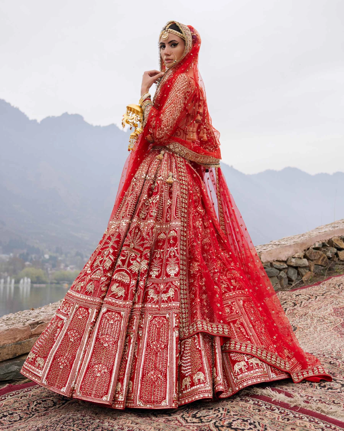 Elin Red Lehenga Set With Golden Chrome Applique
