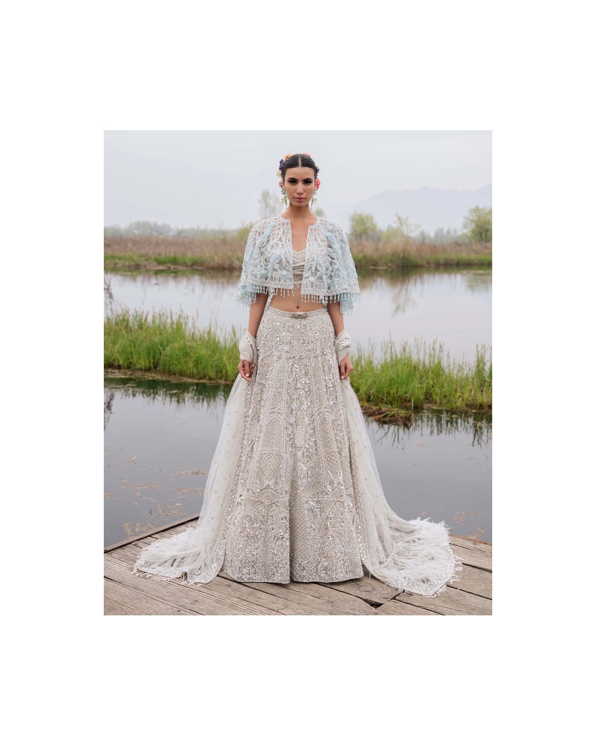 Gwendolyn Light Beige-based, Silver Lehenga Set With Half-sleeved Blouse