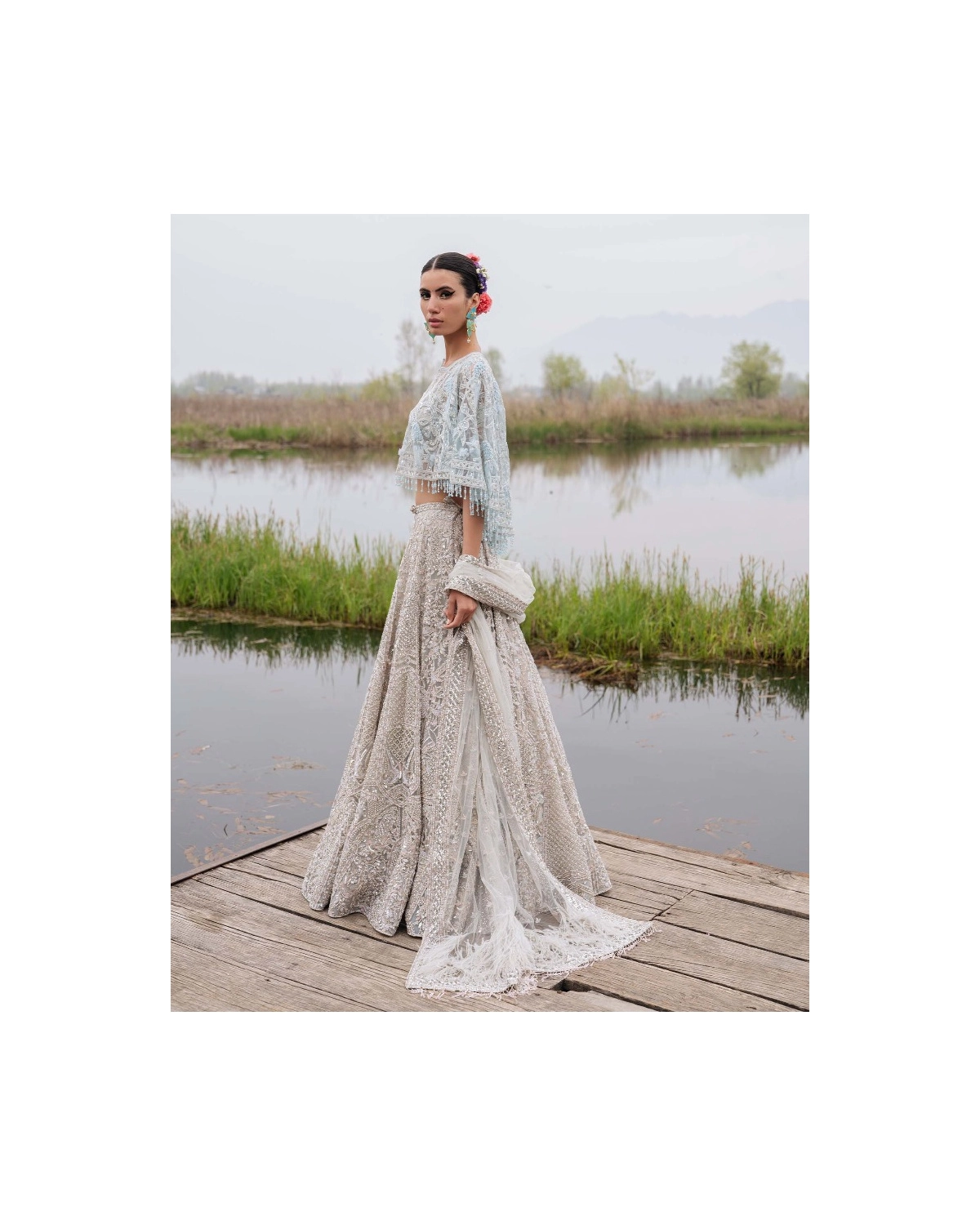 Gwendolyn Light Beige-based, Silver Lehenga Set With Half-sleeved Blouse